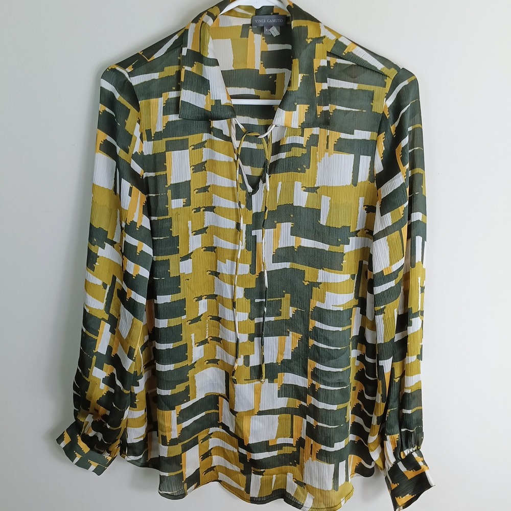 Vince Camuto Blouse Womens XS Green Yellow Abstract Tie Neck Excellent Chiffon